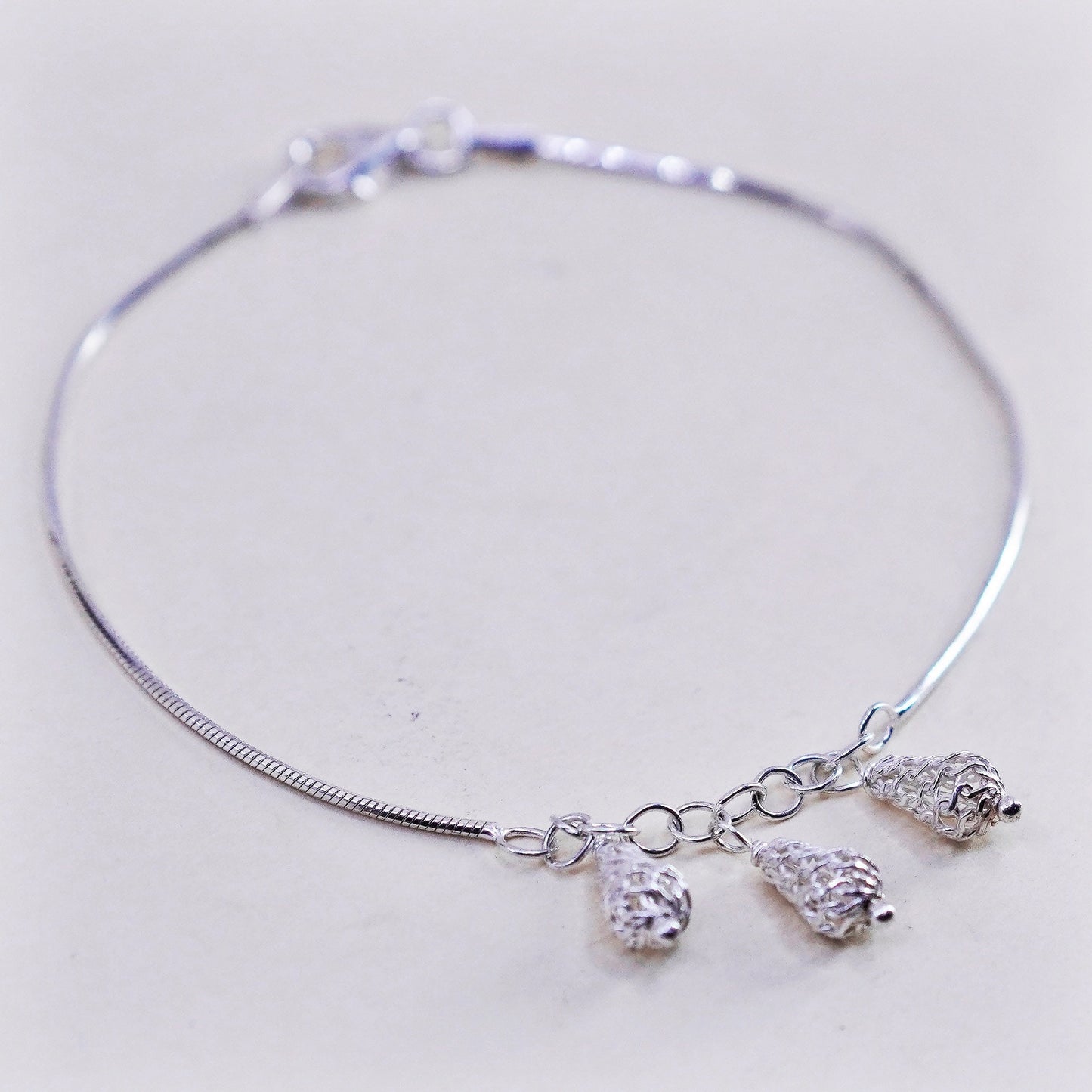 7”, vintage Sterling silver bracelet, 925 snake chain filigree teardrop charm