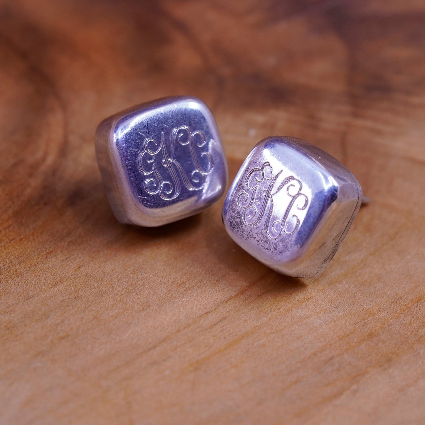 Vintage Sterling silver studs, 925 square earrings monogram “GKC”