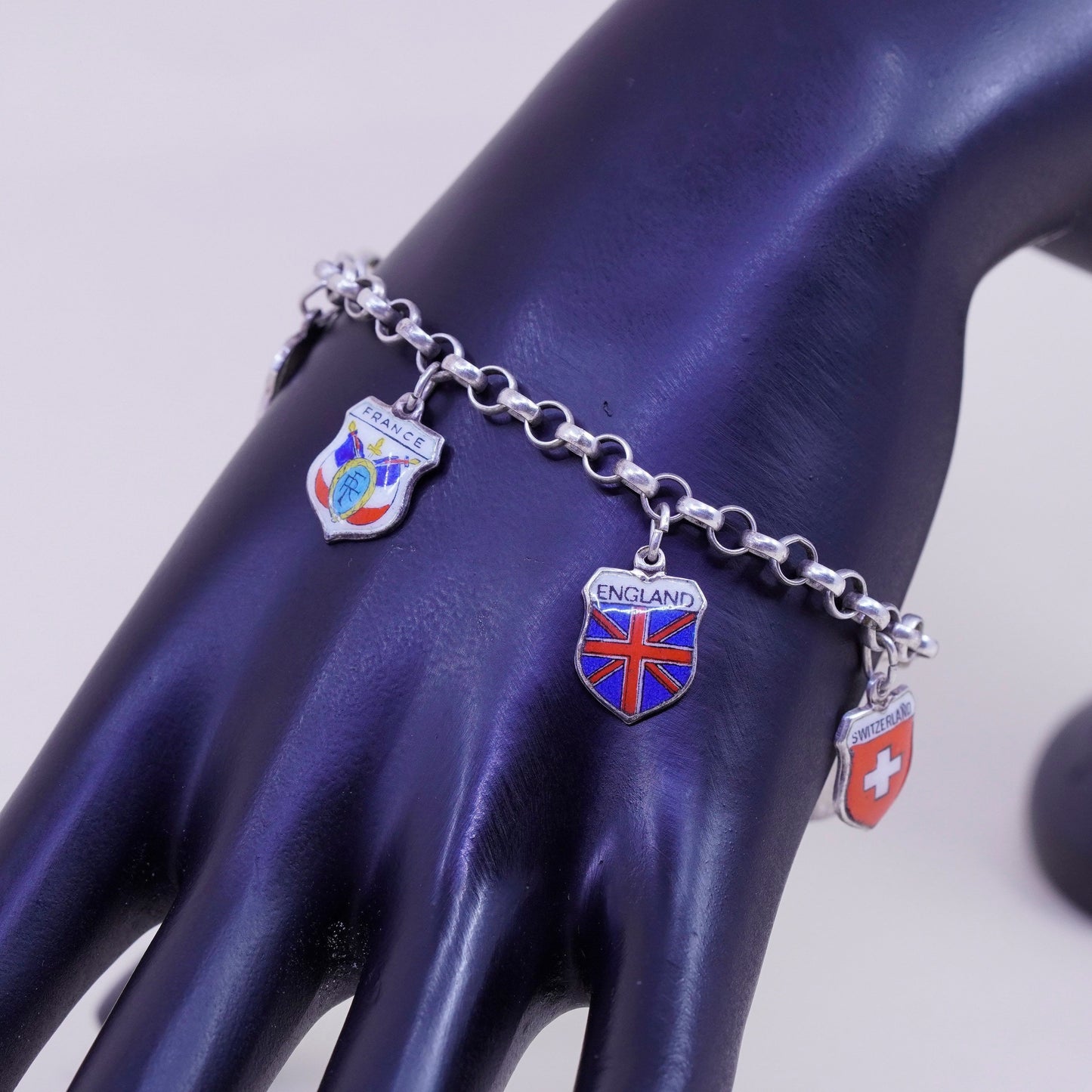 6.75”, sterling 925 silver circle chain bracelet world traveler 835 danish flag