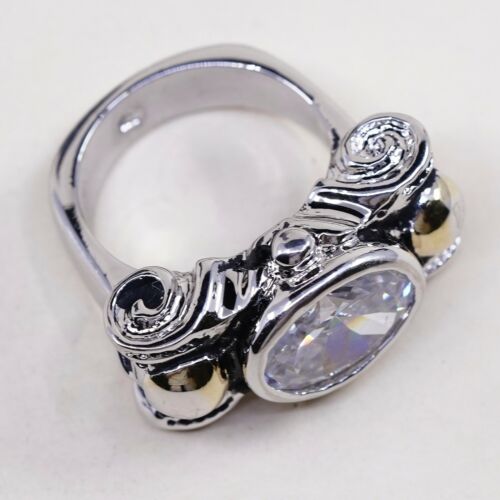 Size 6.5, Vtg Two Tone Sterling 925 Silver Handmade Ring W/ Gold Tone Beads N Cz