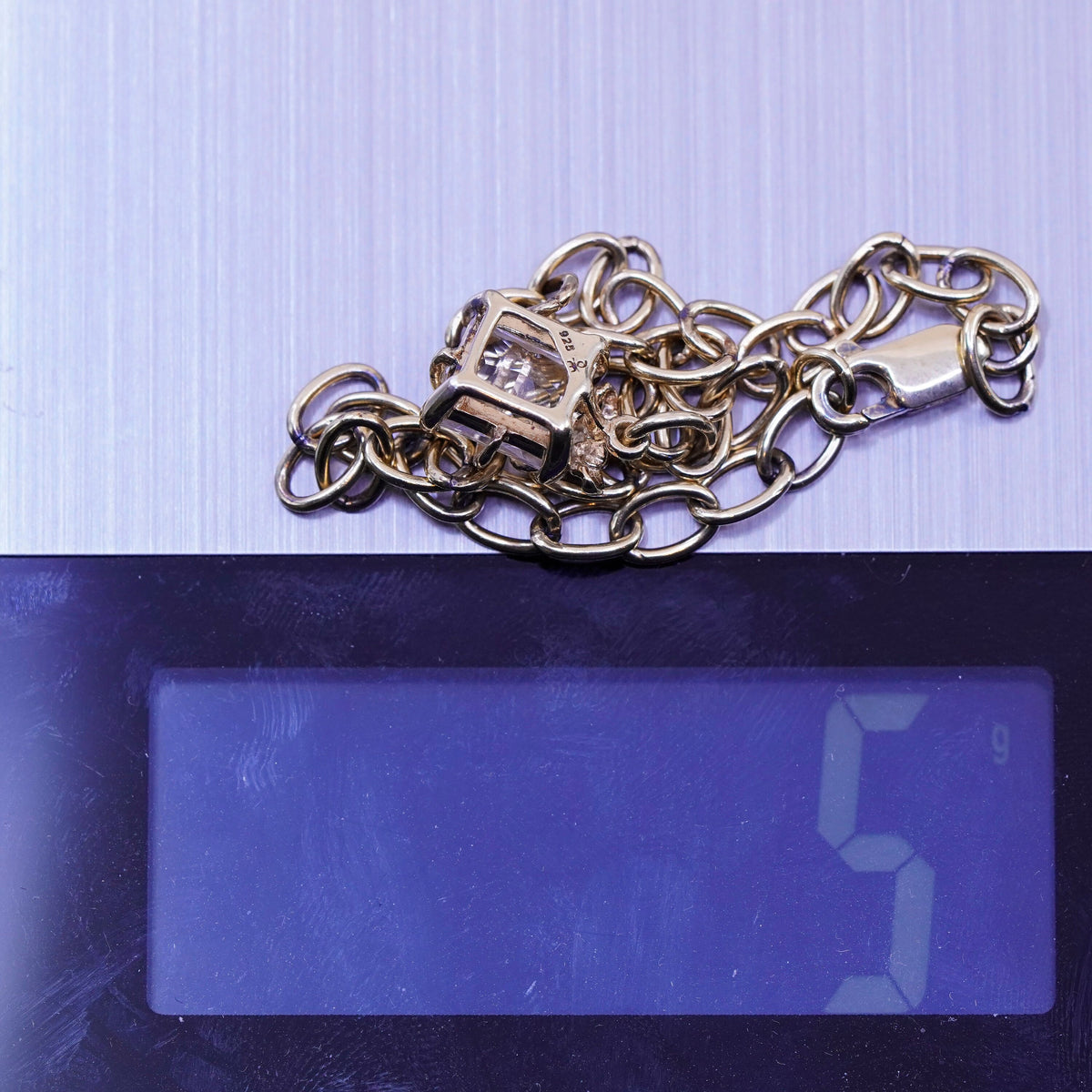 7.5”, vtg Vermeil gold over Sterling silver circle chain bracelet box charm cz