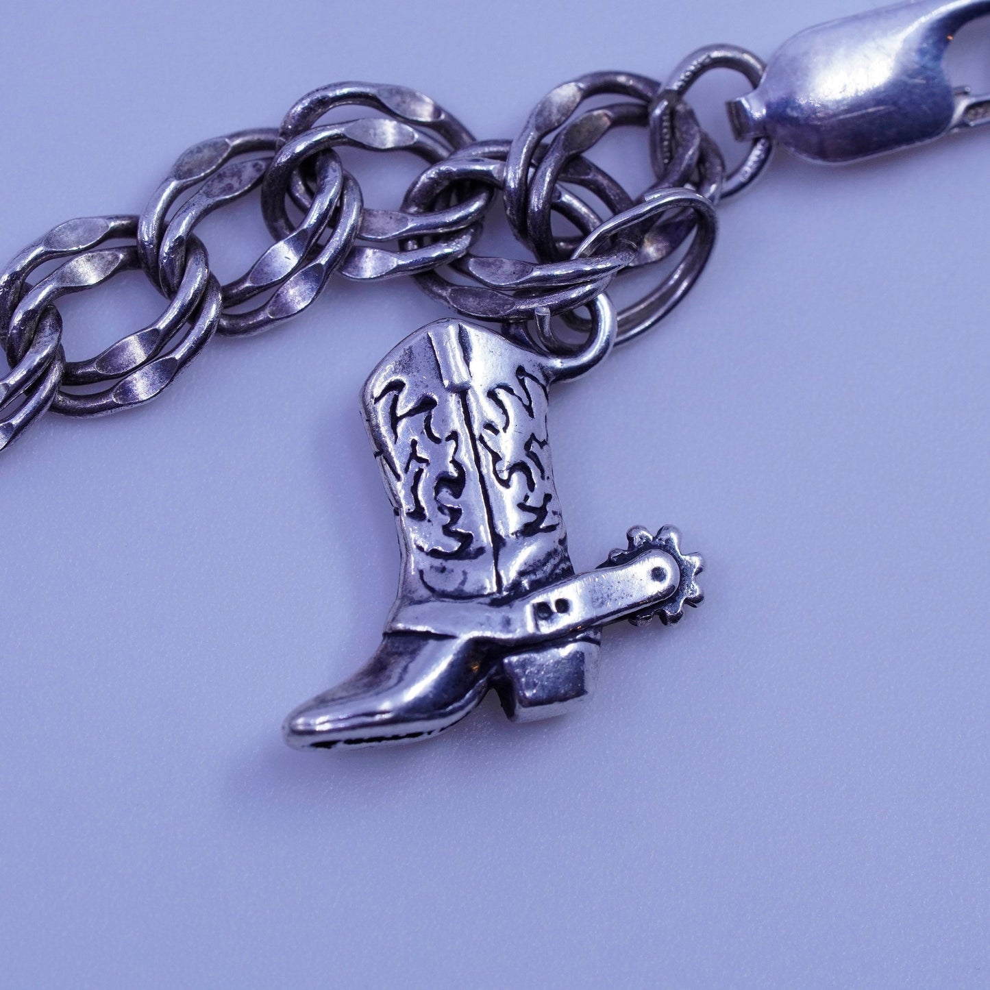 7.5”, Sterling 925 silver bracelet, curb chain K pineapple riding boot charms