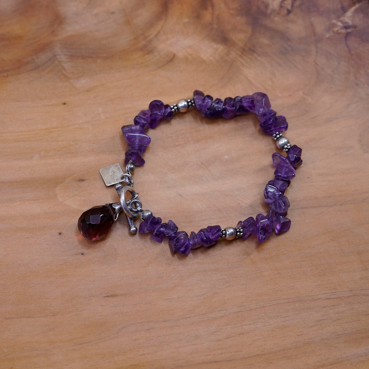 6.5”, Sterling silver handmade bracelet, irregular amethyst beads teardrop