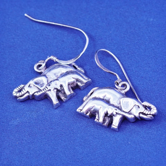 Vintage SC Sterling Silver handmade Earrings. 925 mother baby elephants
