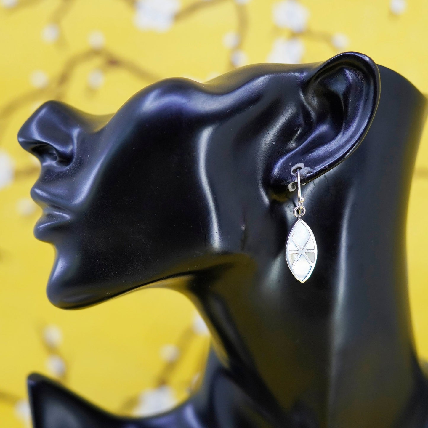 Sterling silver handmade earrings, 925 marquise shaped dangles mother of pearl