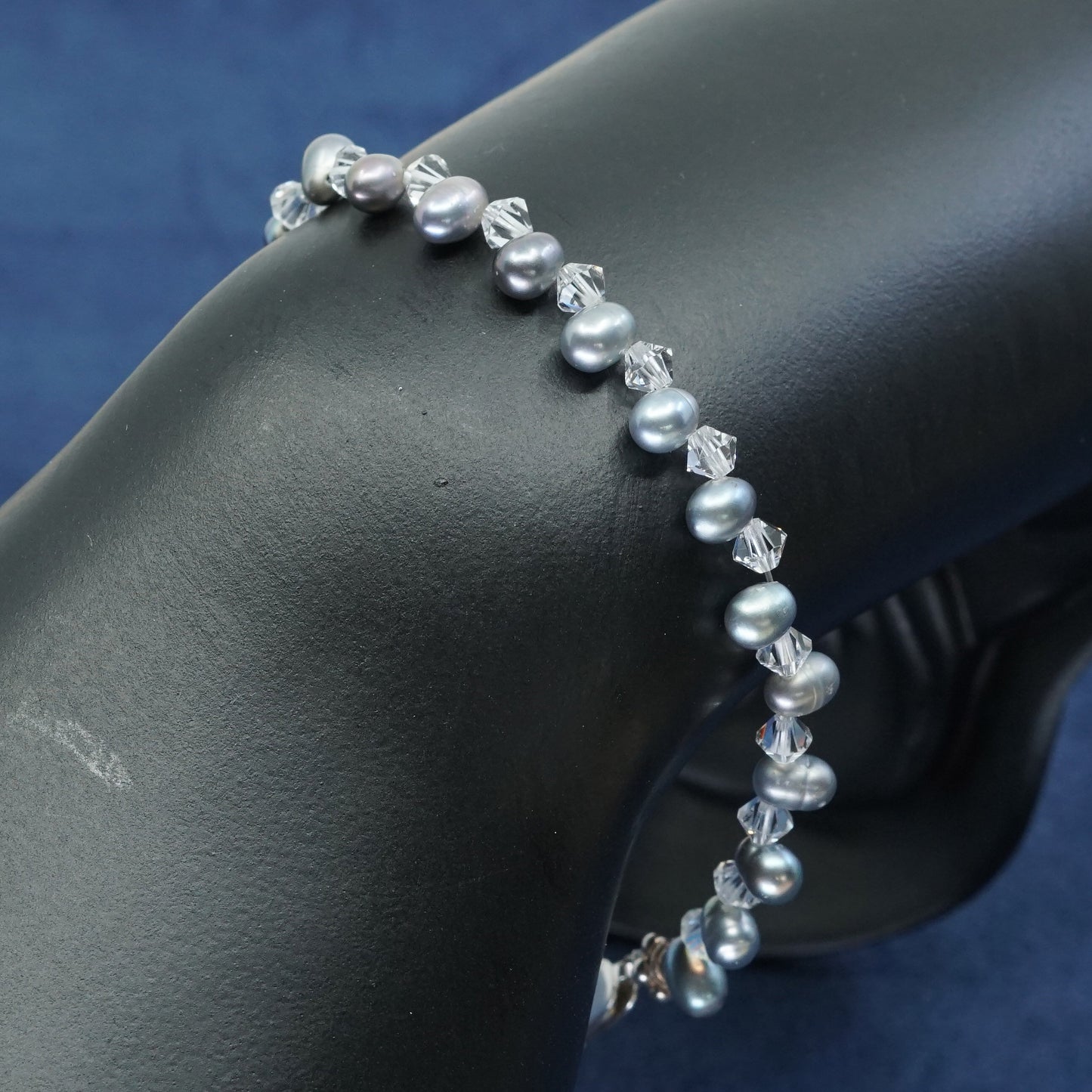 7.5", Sterling silver handmade bracelet, 925 clasp w/ pearl N crystal beads