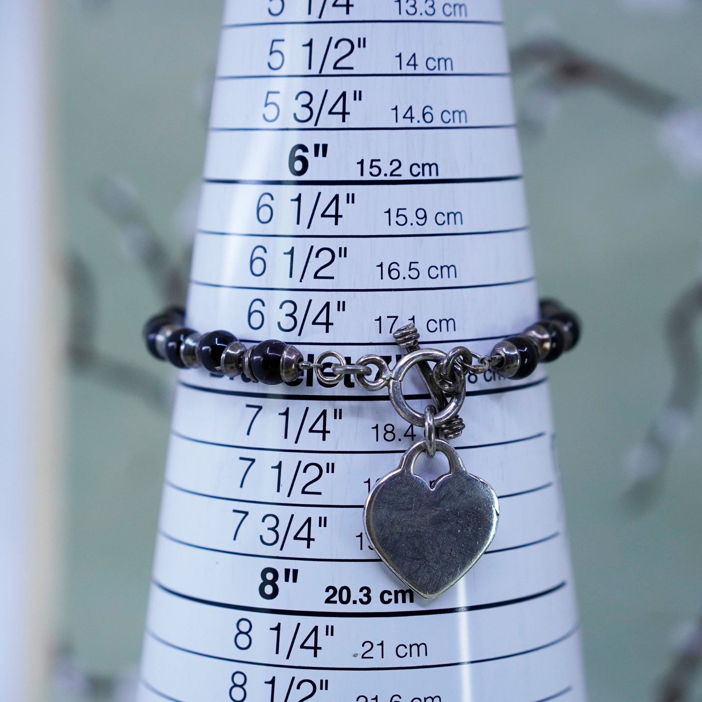 7”, Sterling 925 silver bracelet with obsidian bead chain and heart closure