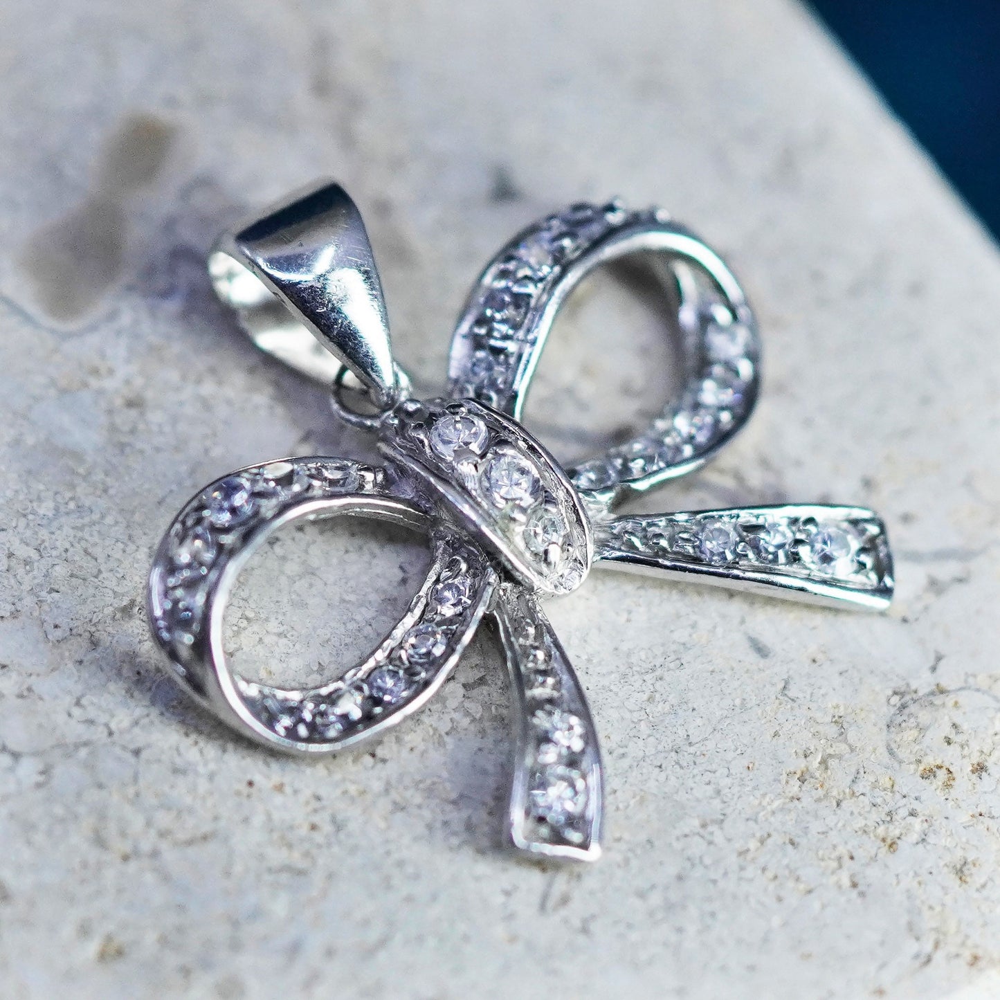 Vintage Sterling silver handmade pendant, 925 ribbon bow tie with cluster cz