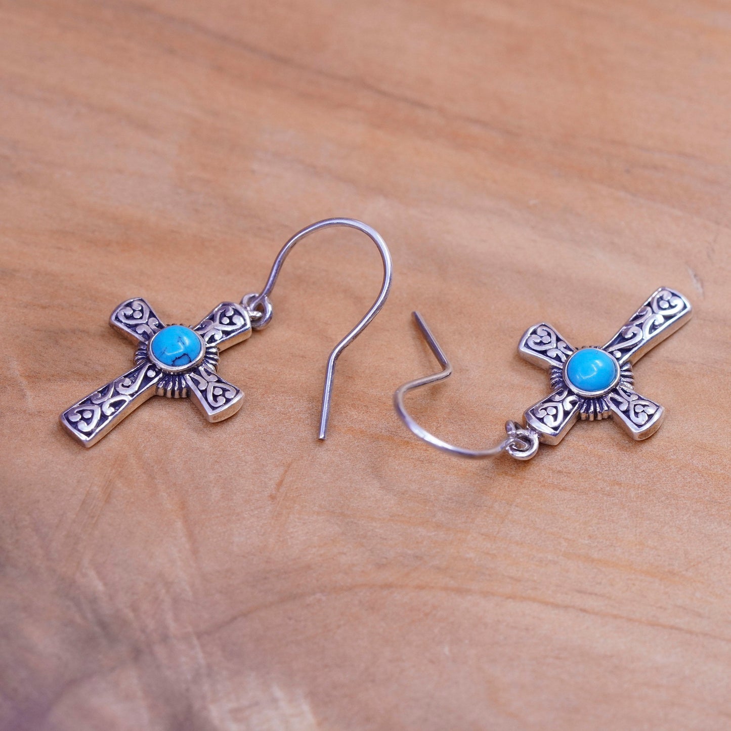 Vintage Sterling silver handmade earrings, 925 Bali cross with turquoise