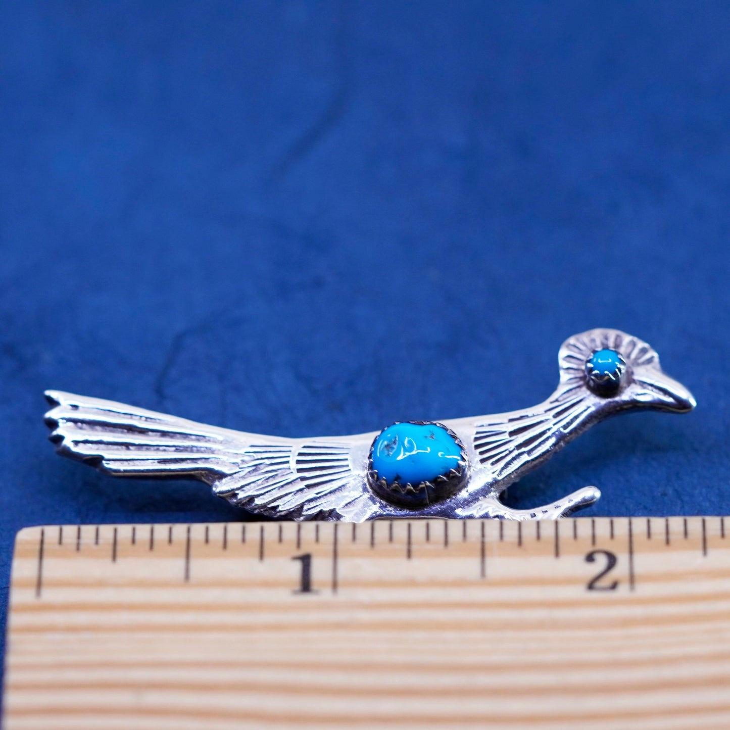 Native American Navajo sterling silver brooch turquoise 925 road runner bird