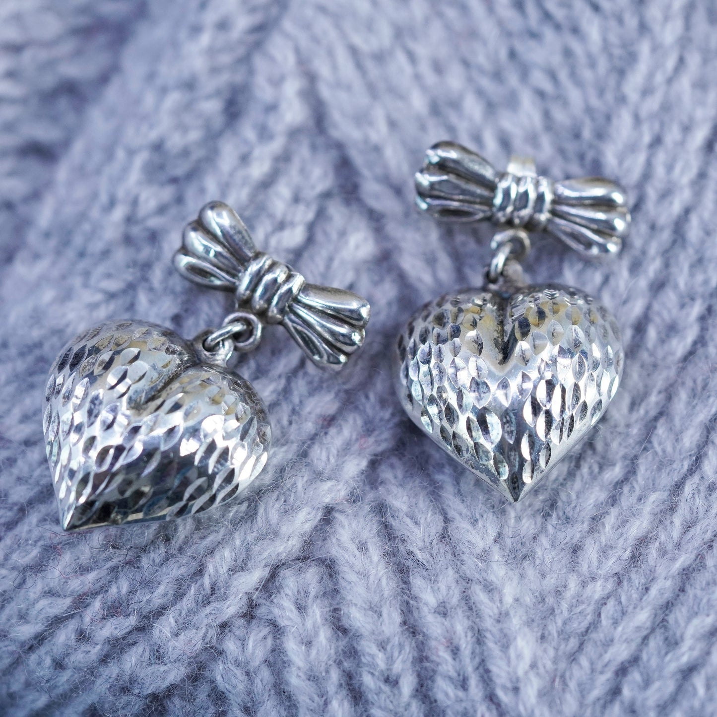 Vintage Sterling silver handmade earrings, textured 925 puffy heart drops