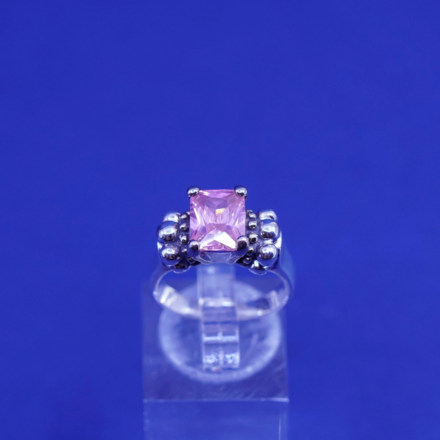 Size 6, vintage Sterling 925 silver handmade statement ring with pink crystal