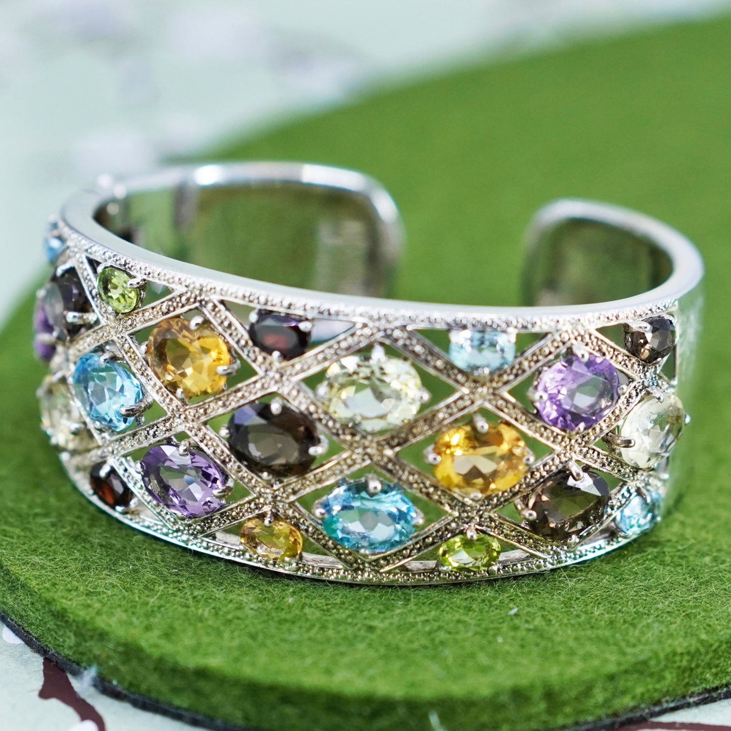 6.5”, vermeil gold Sterling silver bracelet, 925 filigree hinged cuff peridot