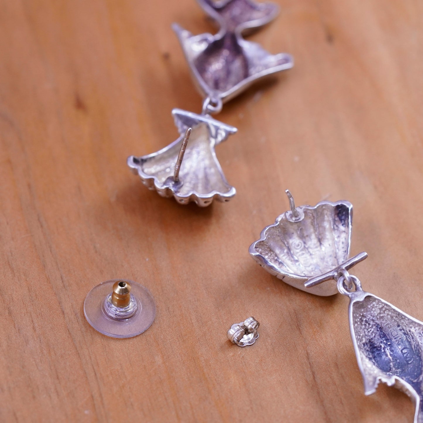 Vintage sterling silver handmade earrings, 925 shell studs with fish drops