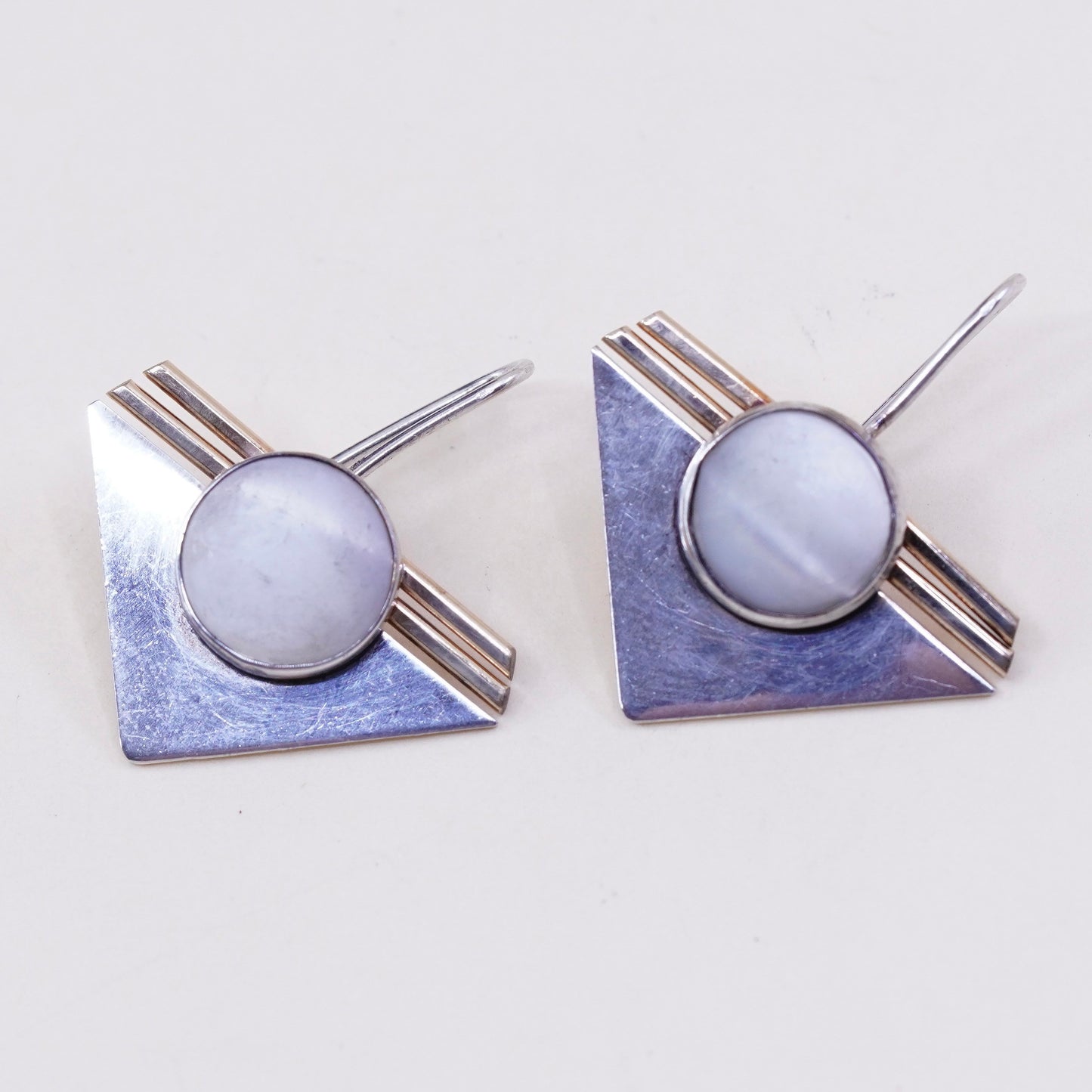 PJP gold filled sterling silver earrings, modern 925 disc w/ mother of pearl