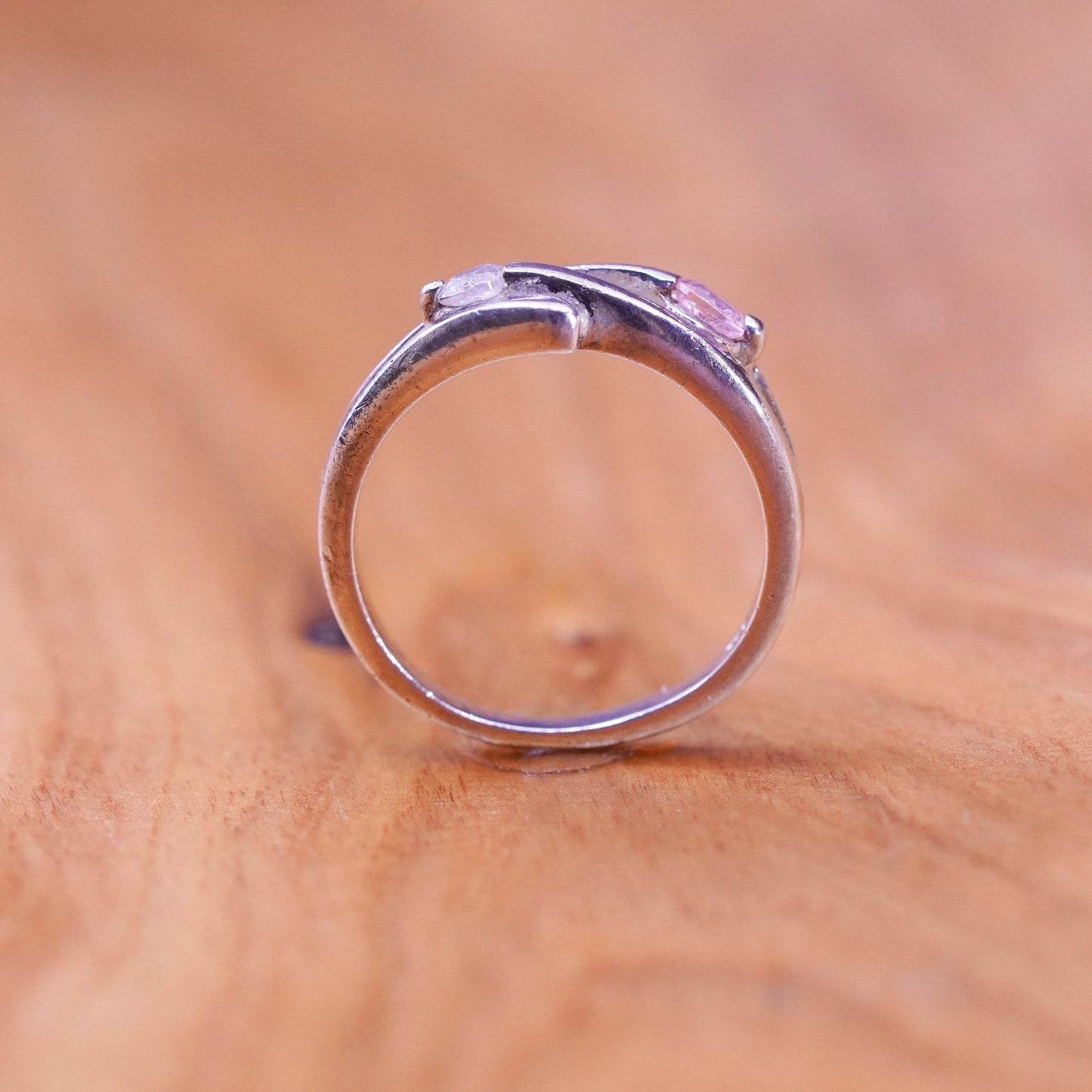 size 6, vintage Sterling 925 silver handmade ring, stackable band with pink cz