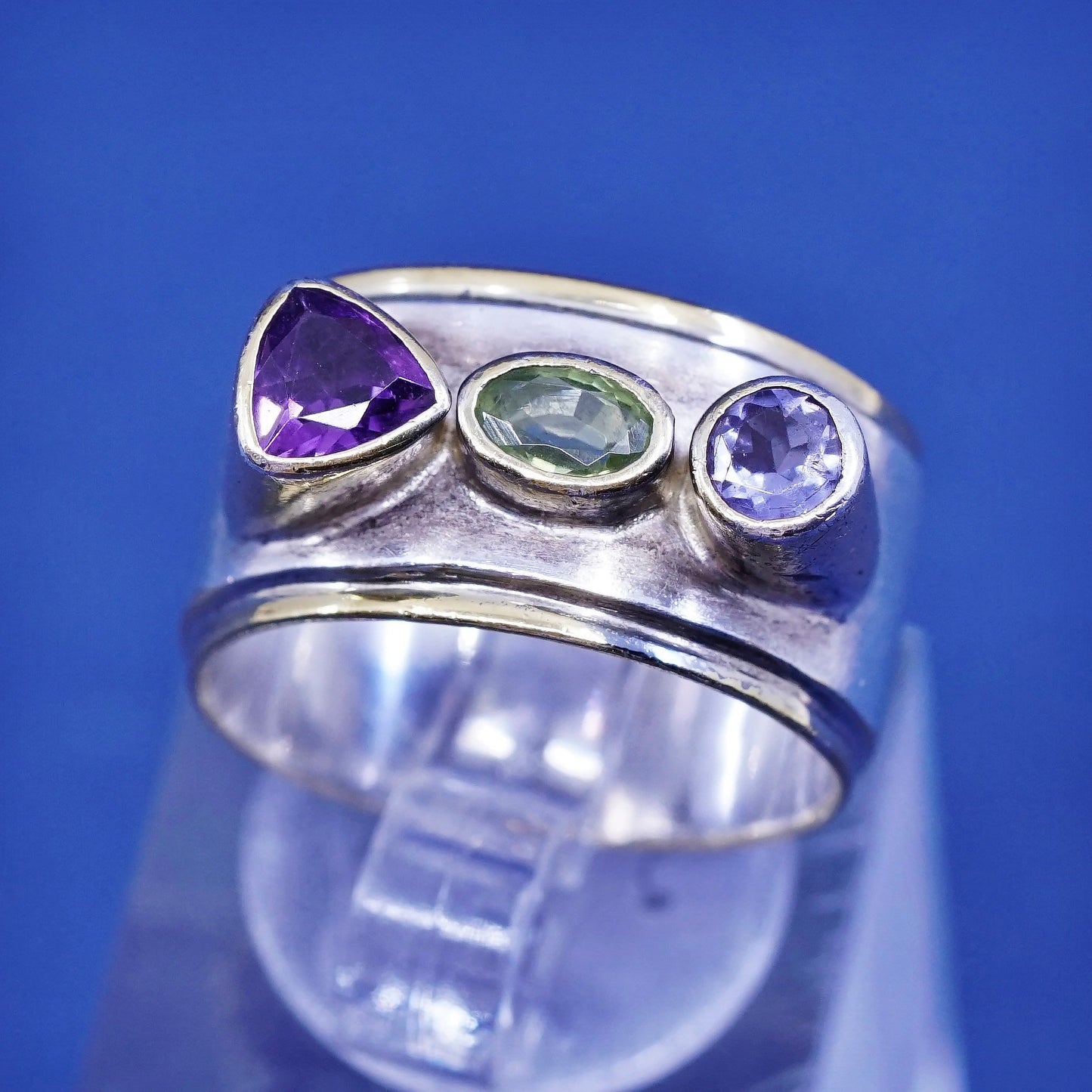 sz 5, two tone 14K gold trim Sterling silver ring, 925 band sapphire amethyst