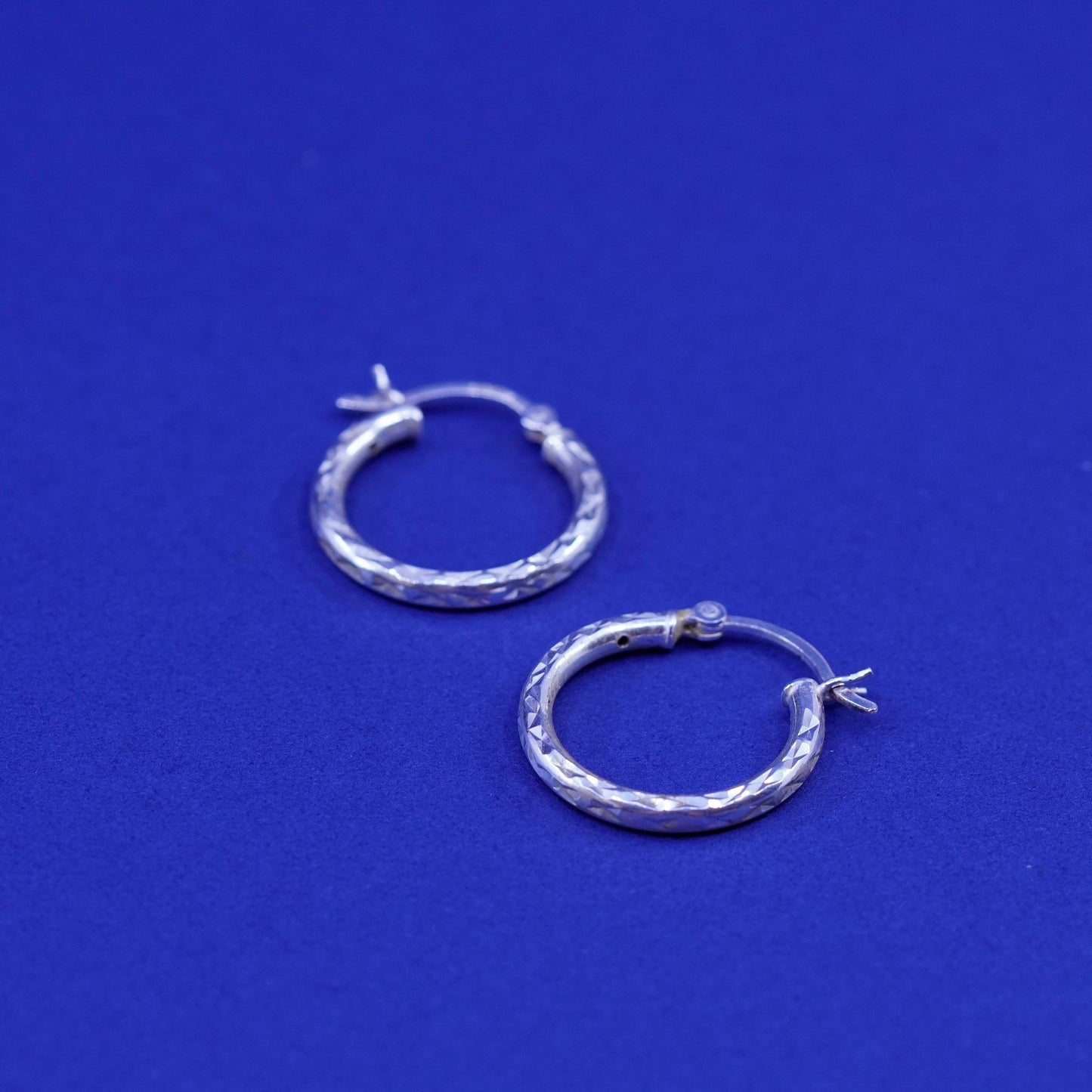 0.75”, vintage Sterling silver handmade earrings, textured 925 hoops, huggie