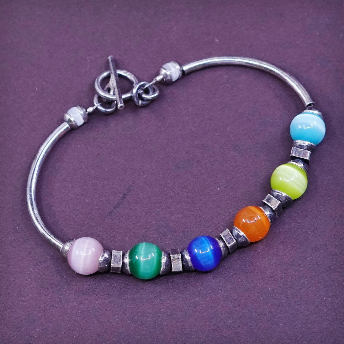 6.5”, Sterling silver handmade bracelet, 925 bangle w/ rainbow tiger eye beads