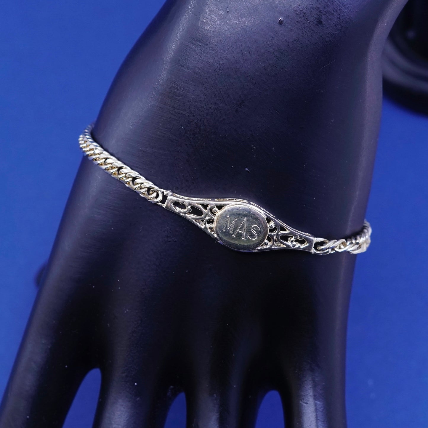 7.25”, vintage vermeil gold over Sterling silver bracelet, 925 curb chain “MAS