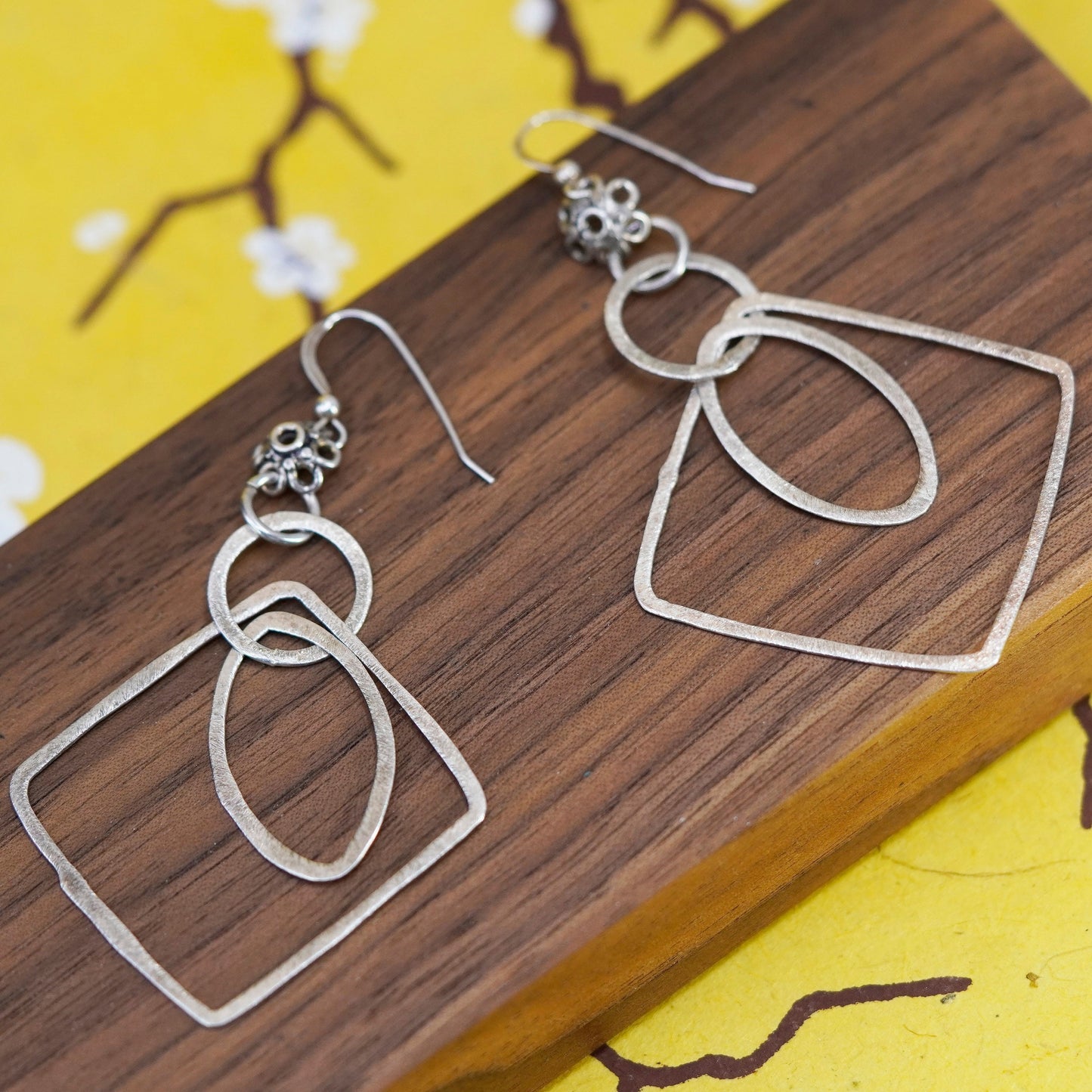 Vintage Sterling silver handmade earrings, matte 925 multi square dangle