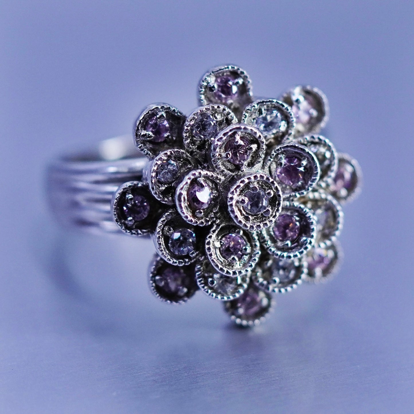 Size 7, vintage fashion Sterling 925 silver flower ring with cluster cz