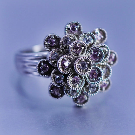 Size 7, vintage fashion Sterling 925 silver flower ring with cluster cz