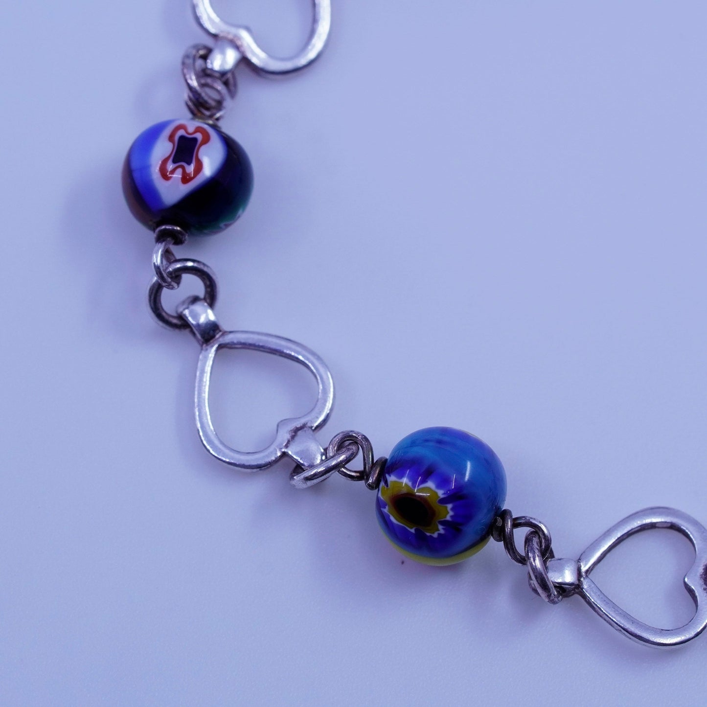 6.25”, jewelry | Sterling 925 silver bracelet, heart chain murano glass beads