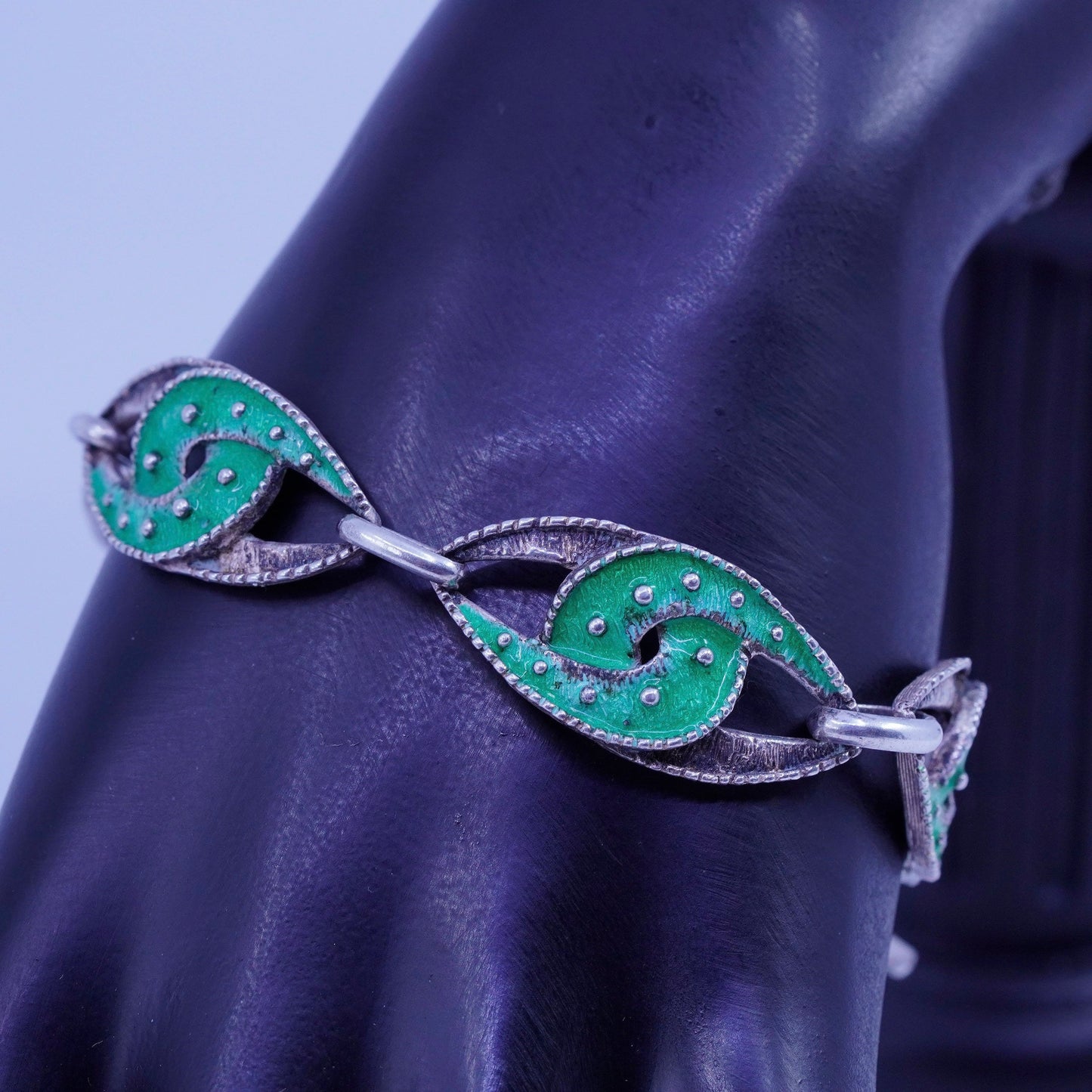 7”, Vintage Sterling 800 silver handmade bracelet, green enamel tornado links