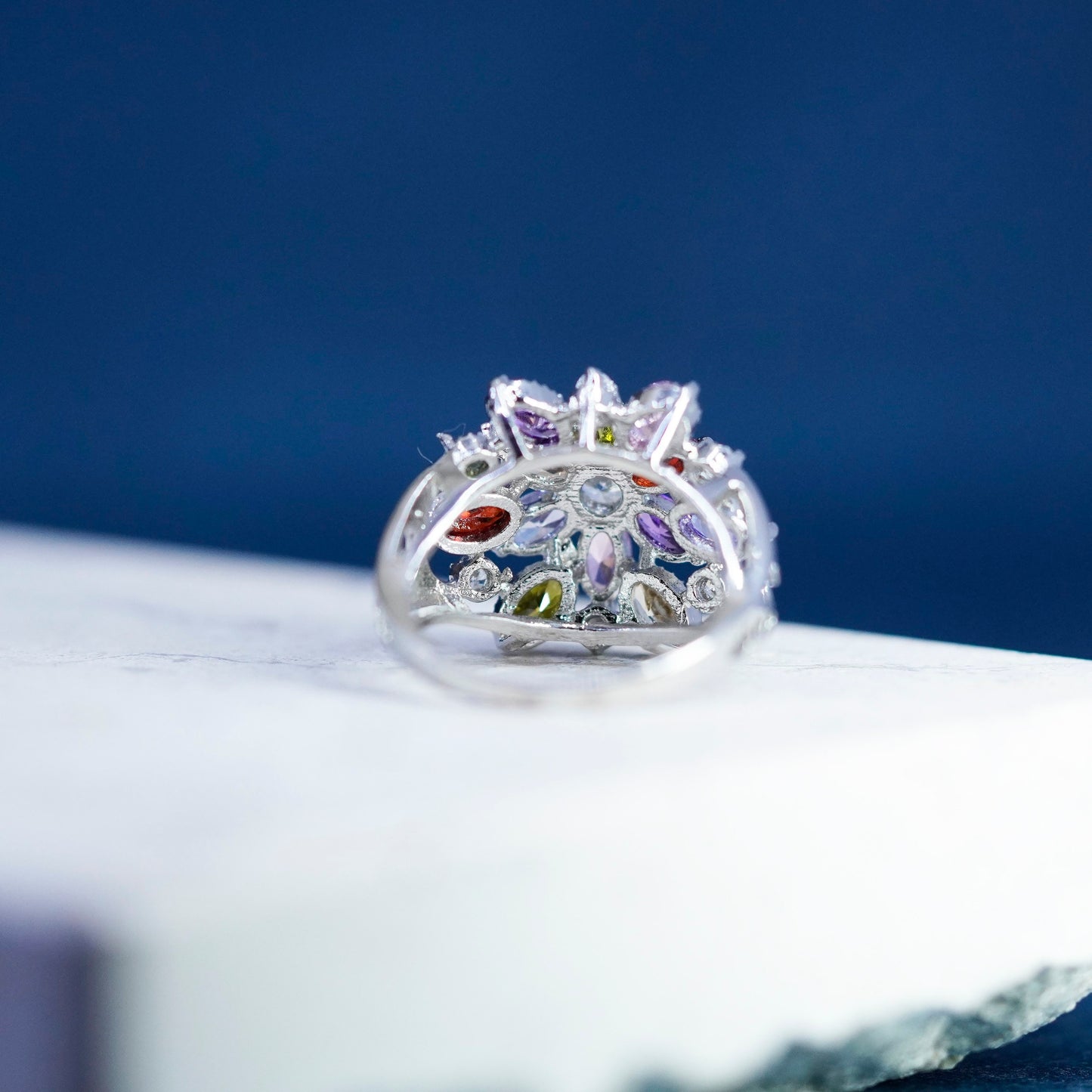 Size 6.5, vtg Sterling 925 silver snowflake flower ring w/ cluster Colorful Cz