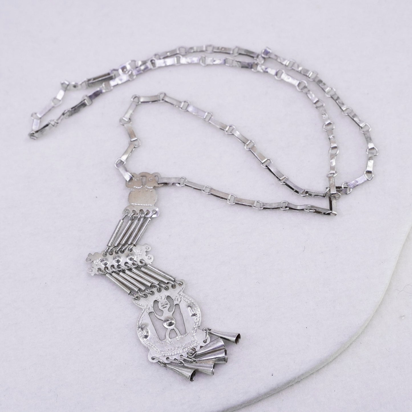 18”, Sterling 950 silver handmade elongated chain necklace with fringe pendant