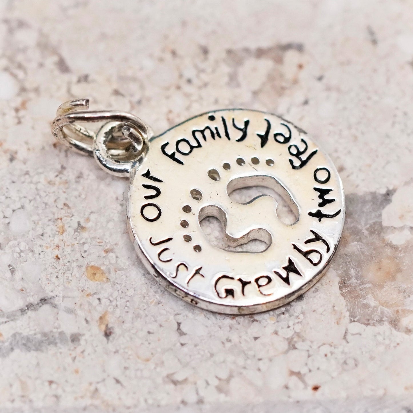 Sterling silver quote pendant, 925 circle “our family just grew by two feet