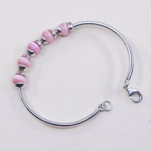 7”, Vtg Sterling Silver Handmade Bracelet, 925 W/ Pink Tiger’s Eye Bangle