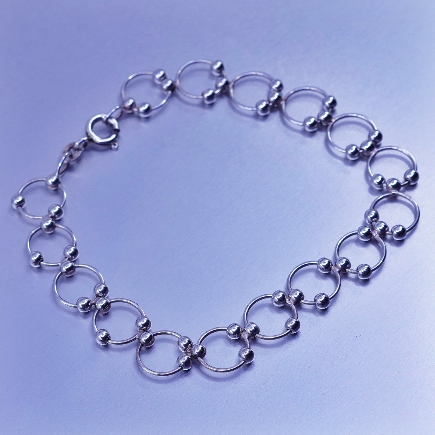 6.25”, Sterling 925 silver handmade bracelet, circle link charm chain w/ beads