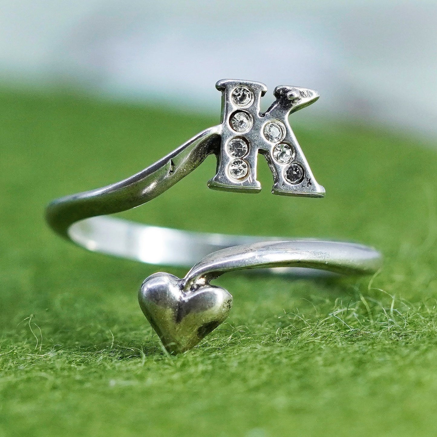 sz 6.5, Sterling silver handmade statement ring, 925 initial letter “K” band cz