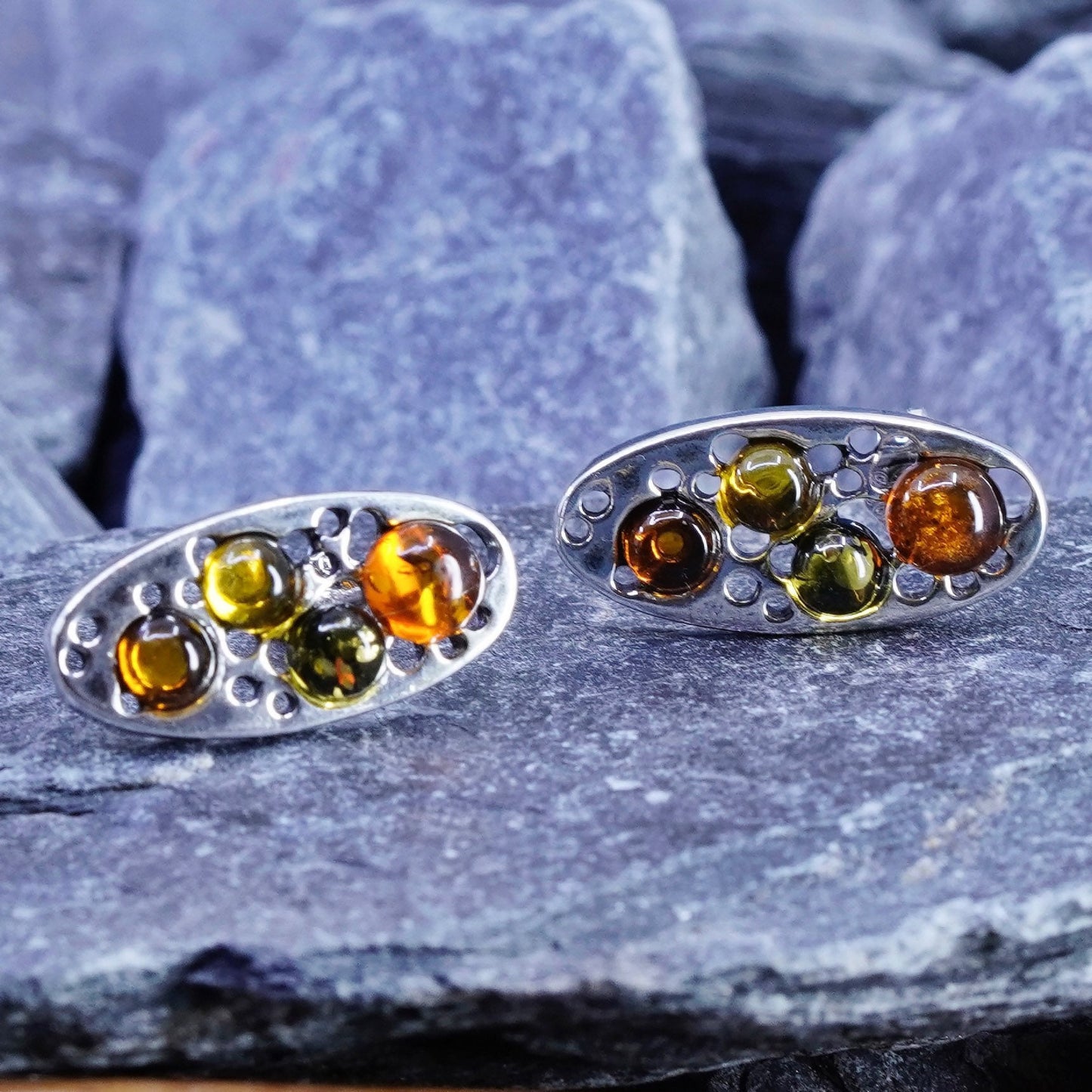 Vintage sterling silver handmade earrings, 925 oval studs with amber