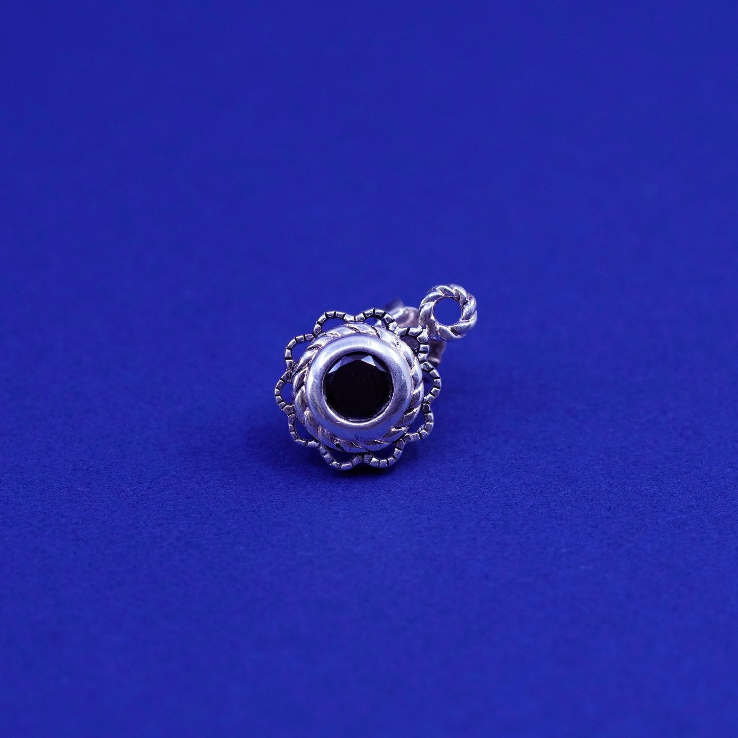 Vintage sterling silver handmade earrings, 925 studs with obsidian and cable