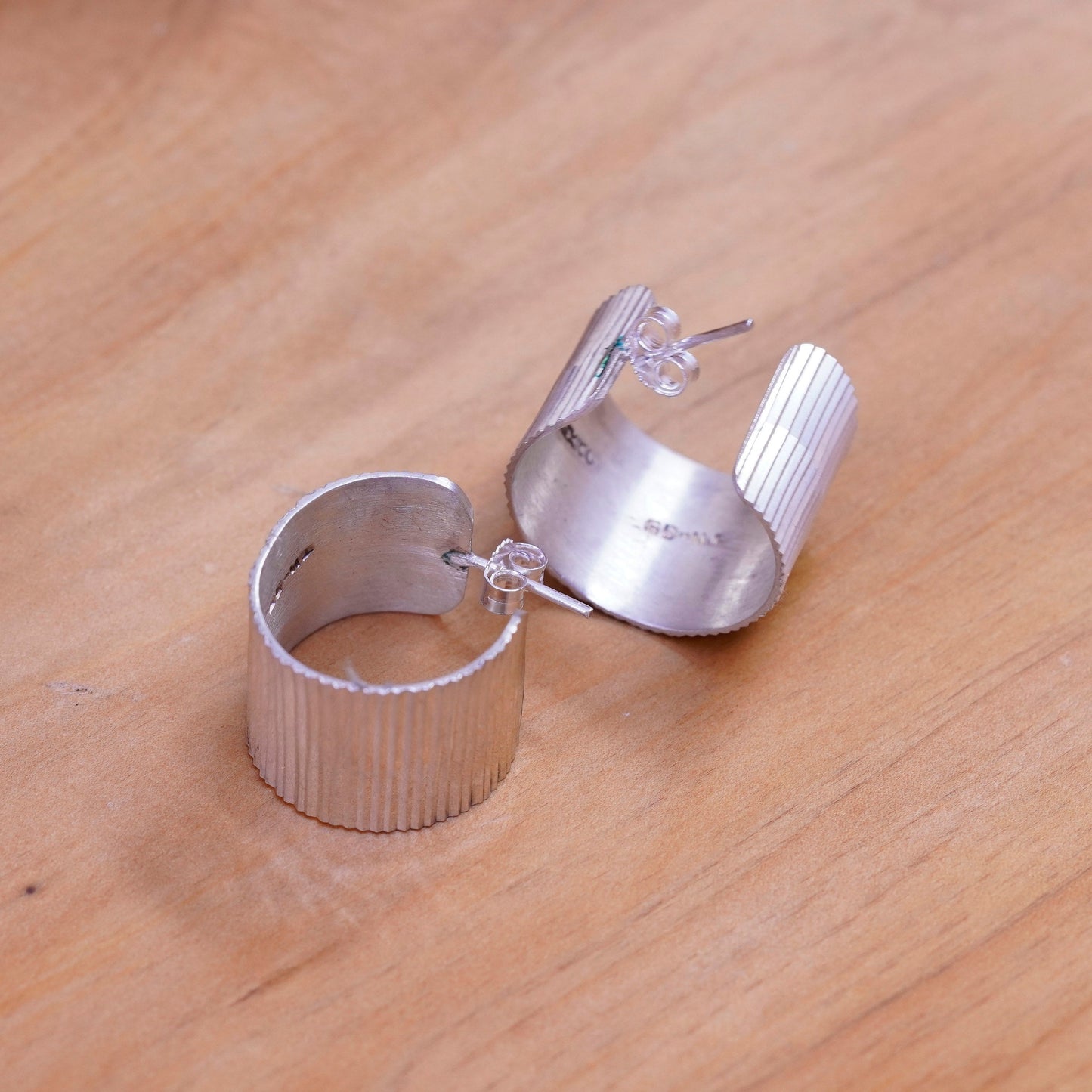 0.75”, Mexico Sterling silver handmade earrings modern 925 ribbed hoops, huggie
