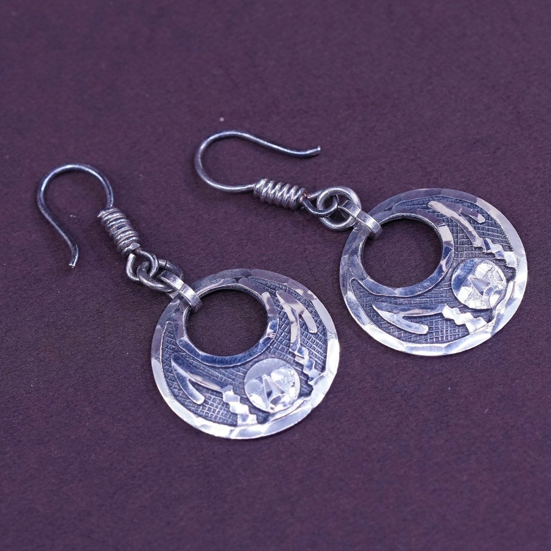 vtg MBCMO Sterling silver handmade earrings, Mexico 925 w/ circle drops, MBCMO