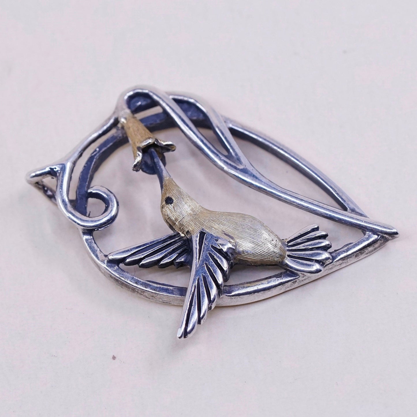 vtg S Tusse Sterling 925 silver pendant, hummingbird with flower and enamel