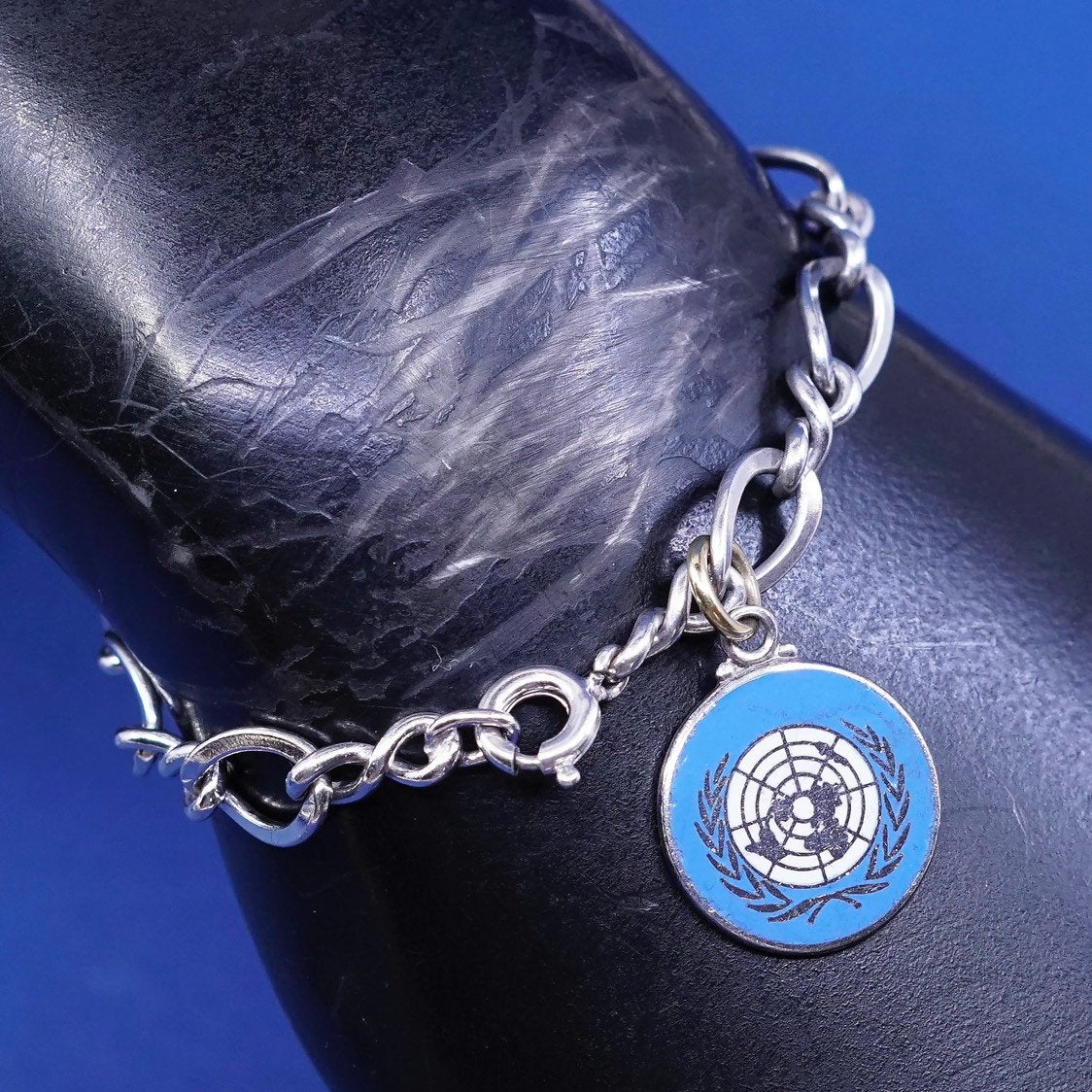 6.75", 8mm, vtg handmade Sterling silver twisted figaro bracelet, 925 chain tag