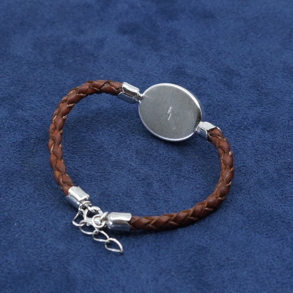 7”+1”, vtg Sterling silver handmade bracelet, 925 bangle w/ brown leather