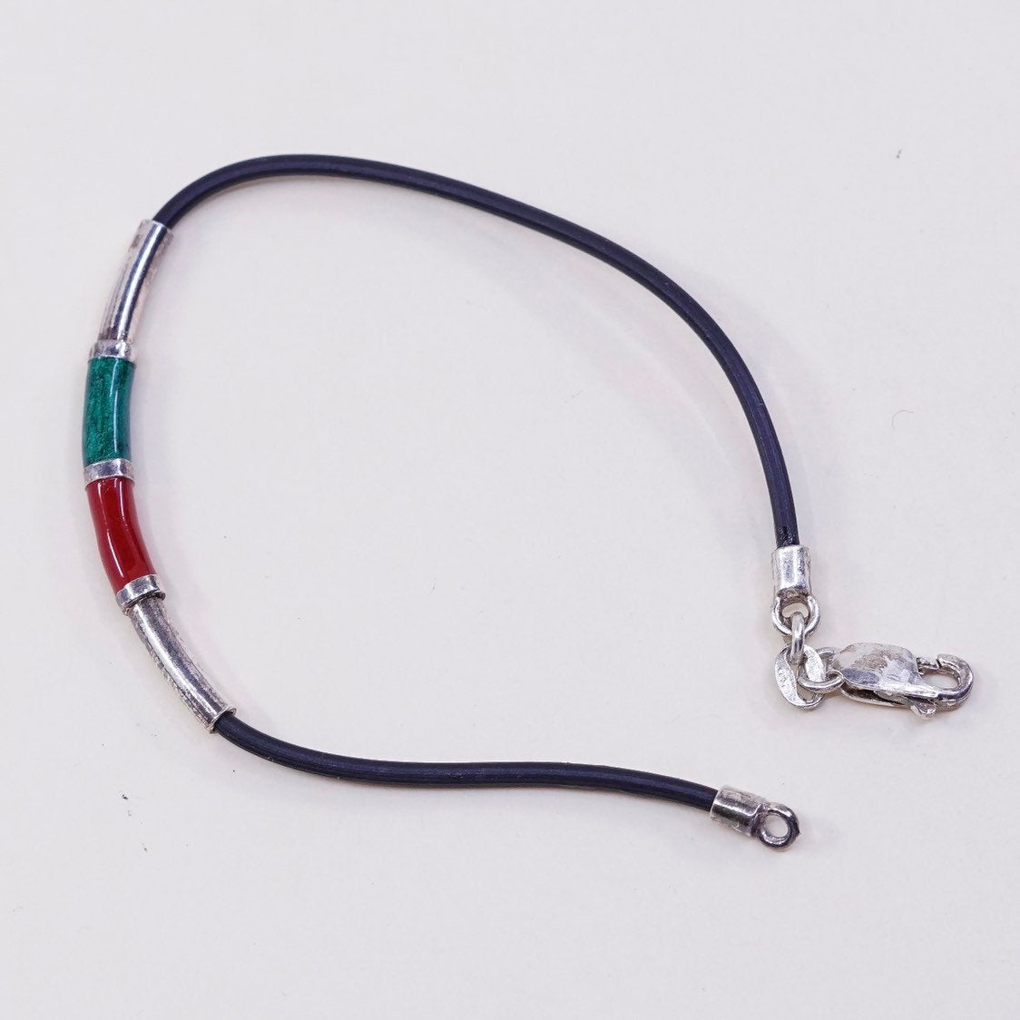 6.5”, VTG Sterling silver handmade bracelet, 925 enamel bar w/ rubber