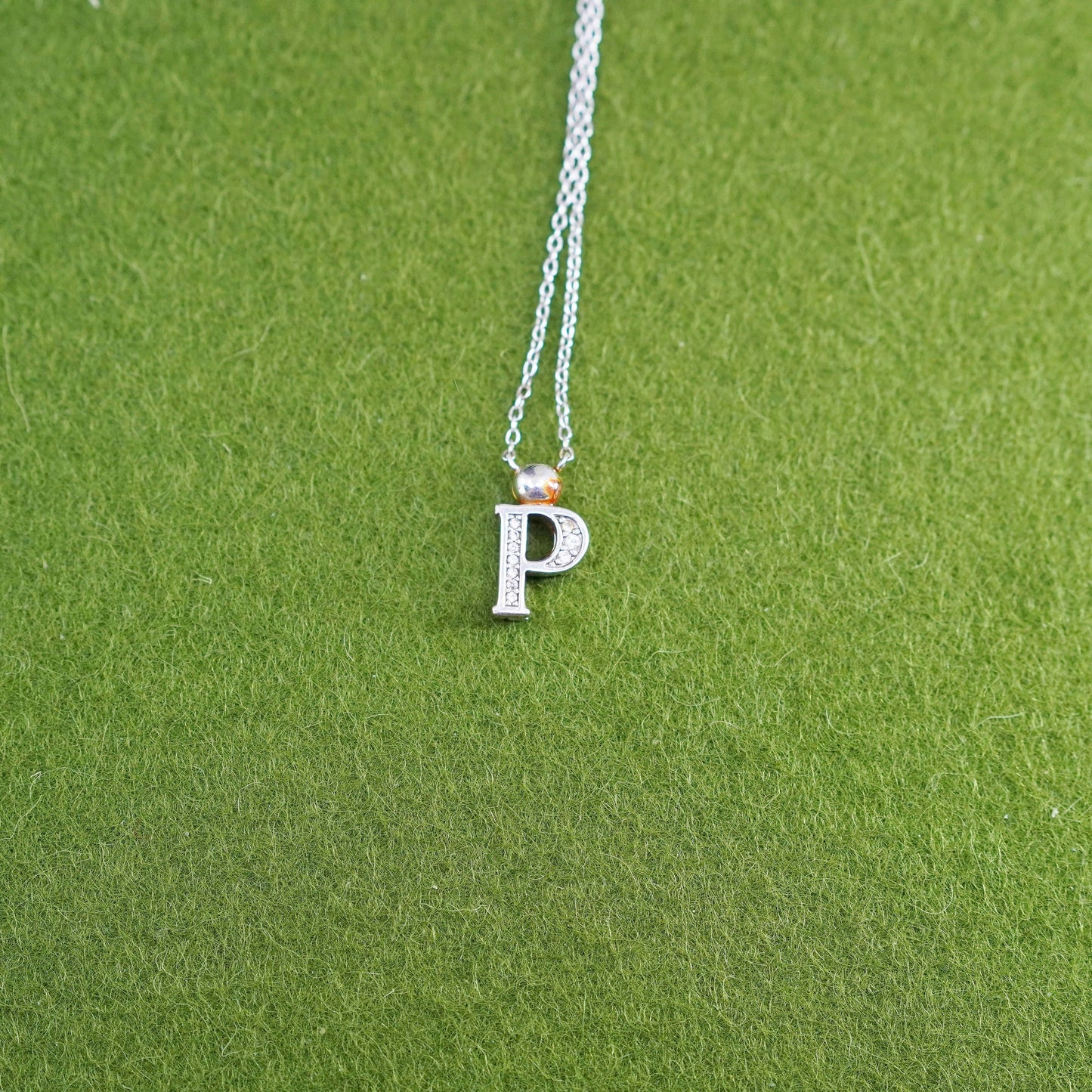 vtg sterling 925 silver necklace, circle chain w/ initial Letter P pendant cz