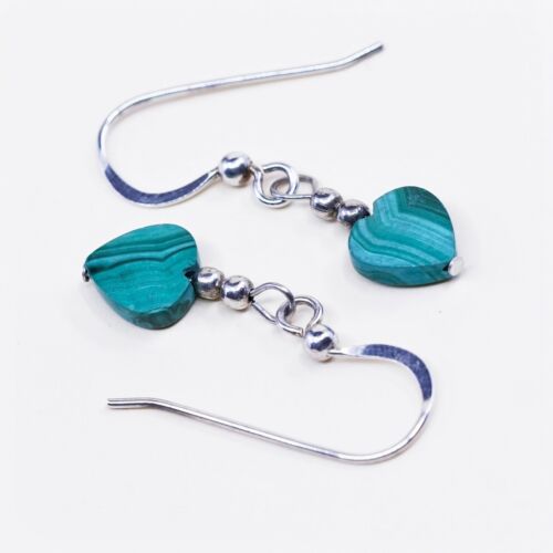 Vintage mexico Sterling silver earrings, 925 Hooks with Heart malachite