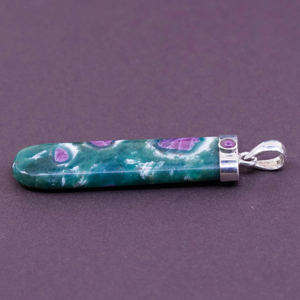 Vintage Sterling 925 silver handmade pendant with long green and purple jade