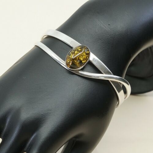 7”, Vtg Sterling Silver Handmade wide Cuff, USA 925 Silver Bracelet W/ Amber