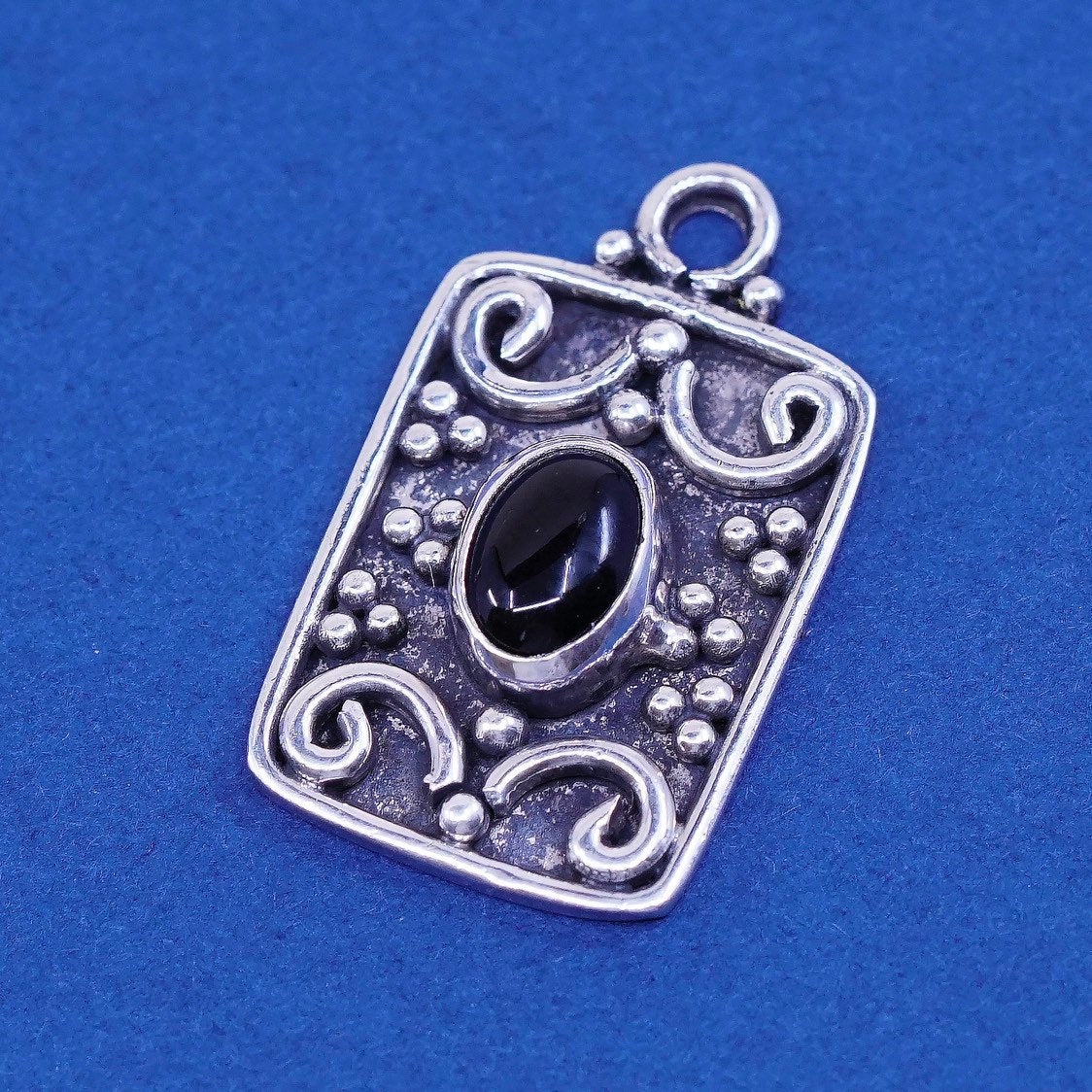 vtg Mexico ATI Sterling silver handmade pendant, 925 w/ oval obsidian