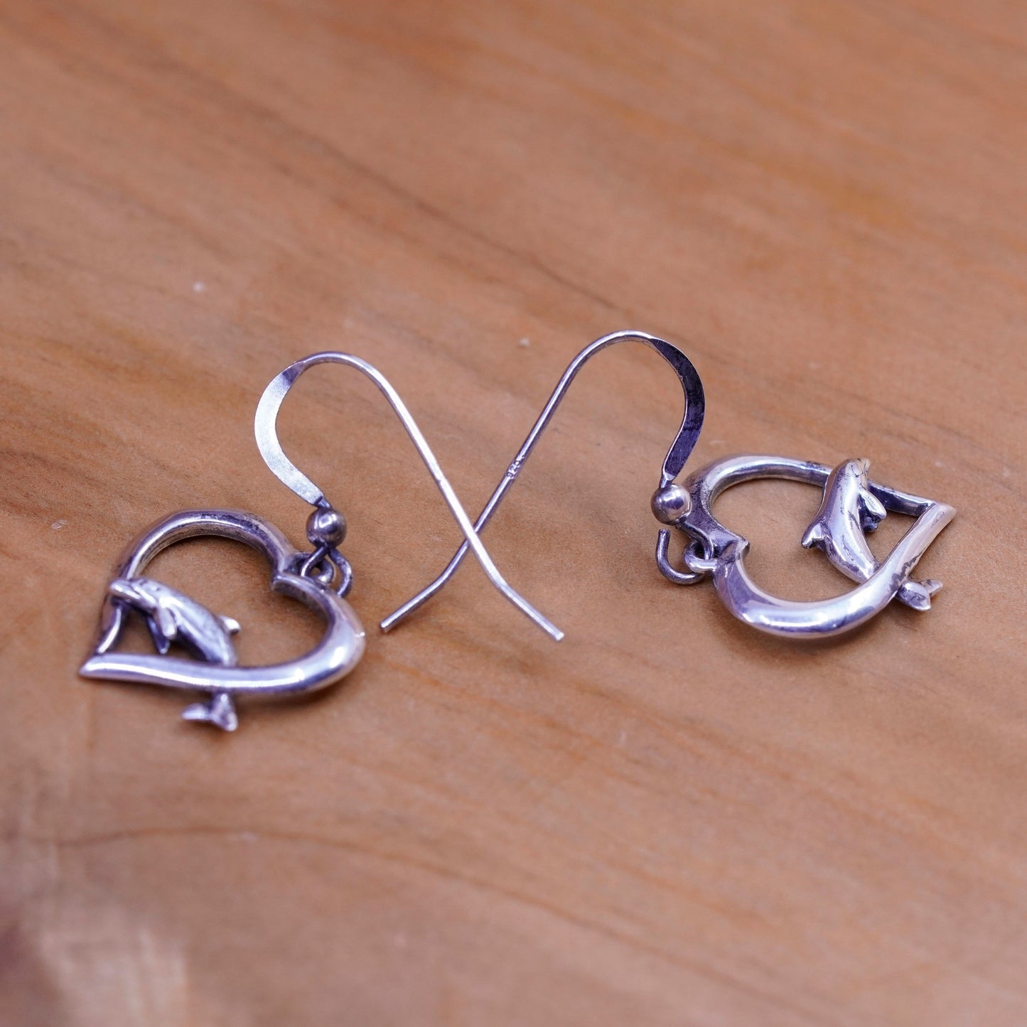 Vintage Sterling silver handmade earrings, 925 heart drops with dolphin
