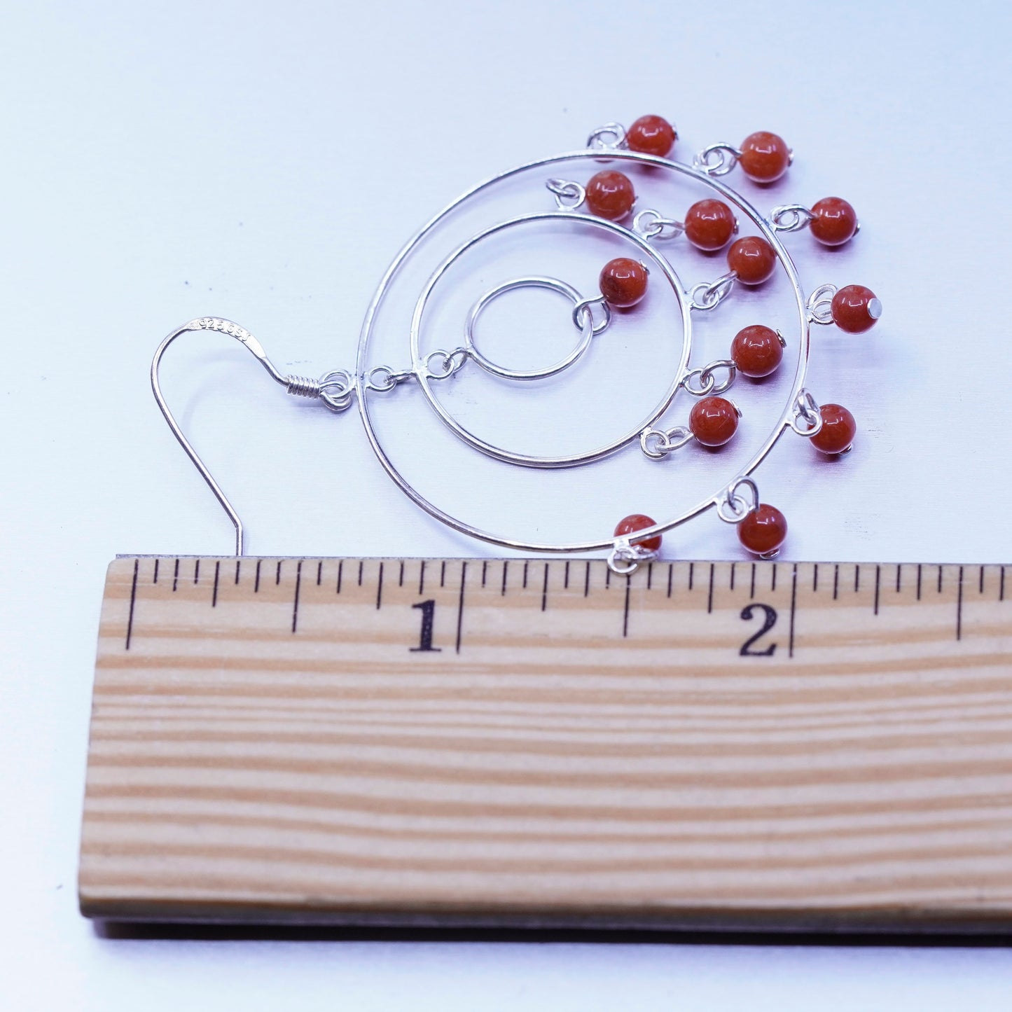 Vintage Sterling 925 silver handmade multi circle earrings with carnelian beads